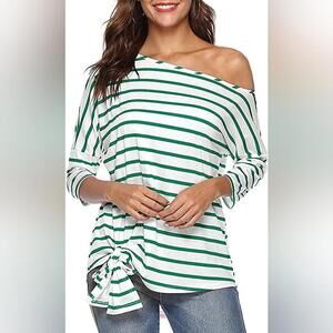 Striped Shirts Off Shoulder Blouse Tunics Tie Front Knot 3/4 Sleeve Loose Tops